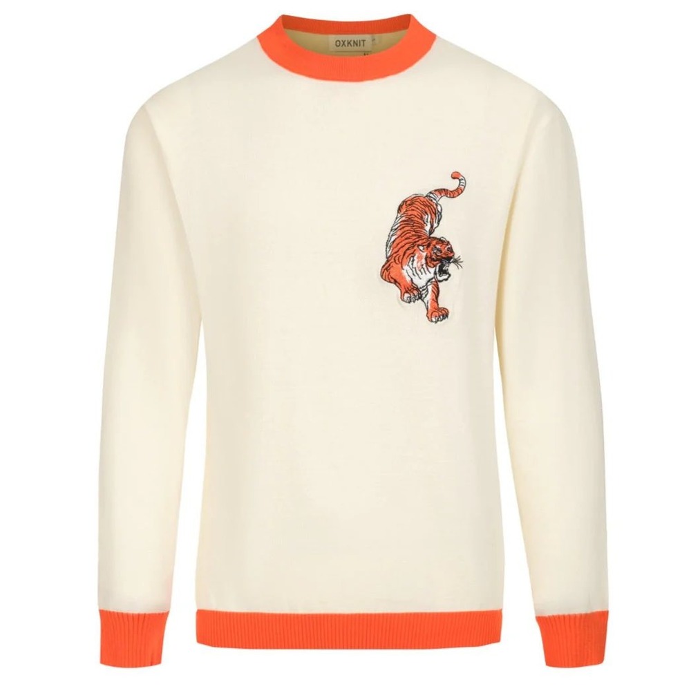 OXKNIT Mens Cream Orange Tiger Embroidered 100% Cotton Crewneck Sweater XL